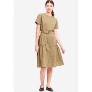Uniqlo Womens Khaki‎ Tan Tiered Belted Short Sleeve Midi Dress Cotton Blend L